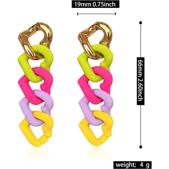 Funky Heart Rainbow Earrings | Extra Long Link Chain Dangle, Colorful Geometric - Picture 5 of 5
